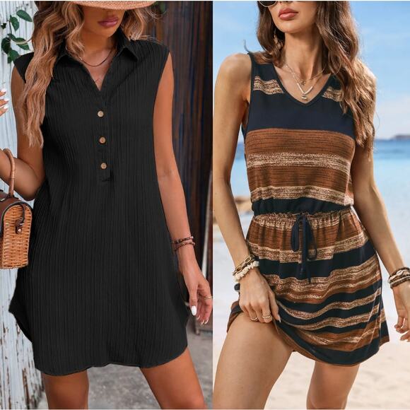 NWT Cupshe Collared Sleeveless Mini Dress & Striped Beach Cover Up Bundle Size L - Picture 1 of 9